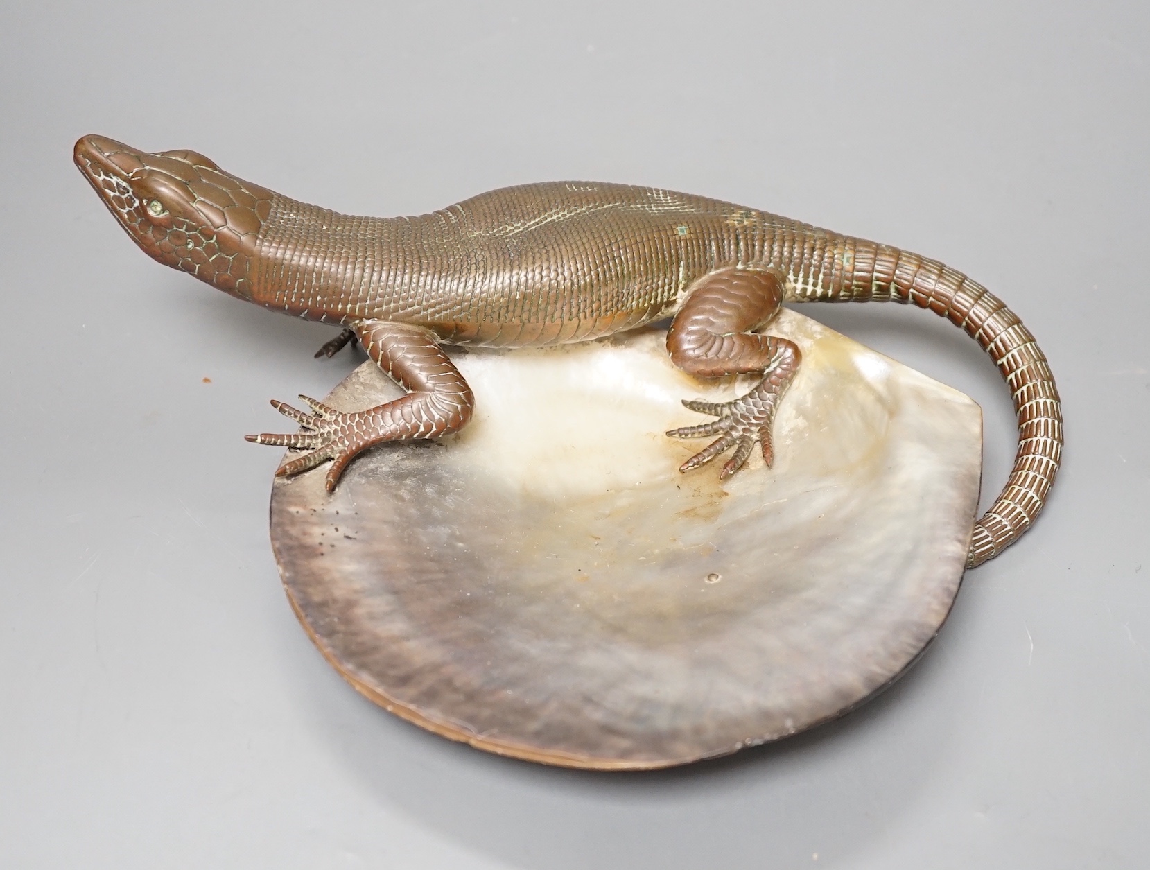 A late 19th century Japanese bronze 'lizard' and mother of pearl dish, 26cm